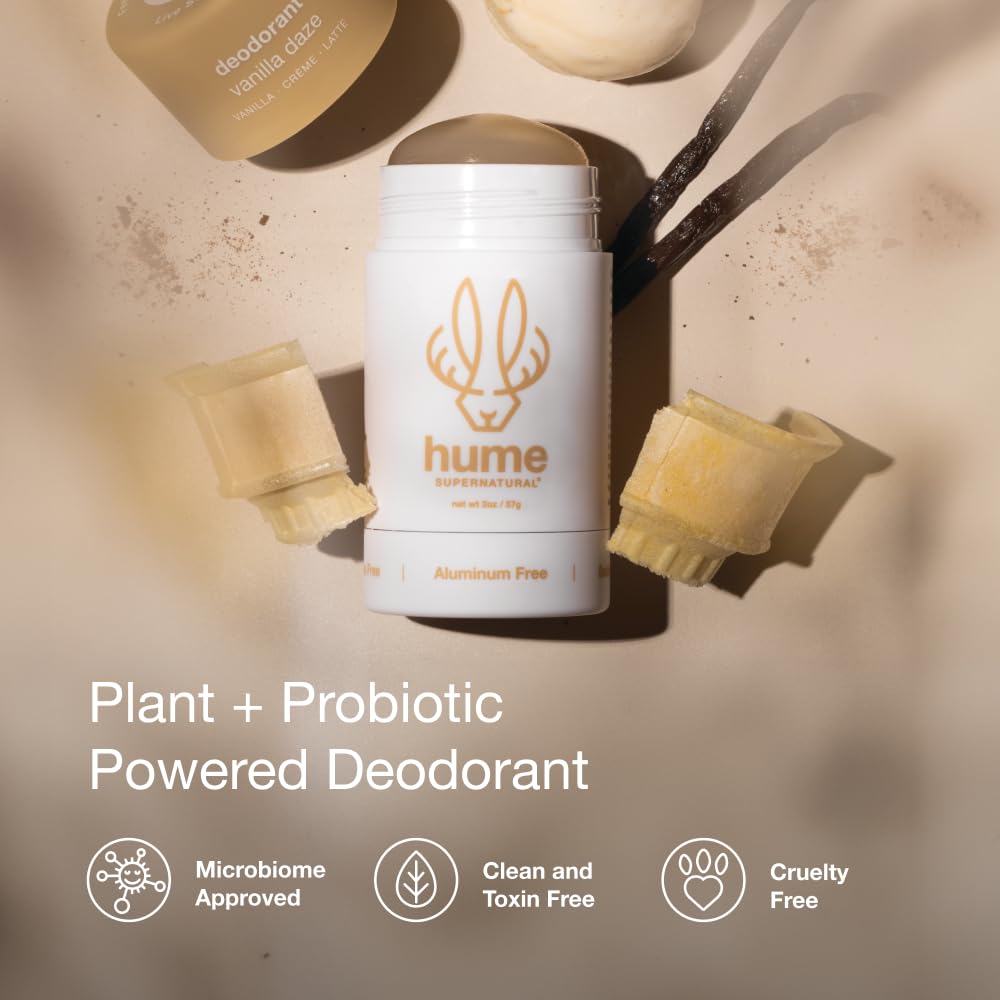 Hume plant-based formula label emphasizes probiotic support and skin-friendly ingredients.