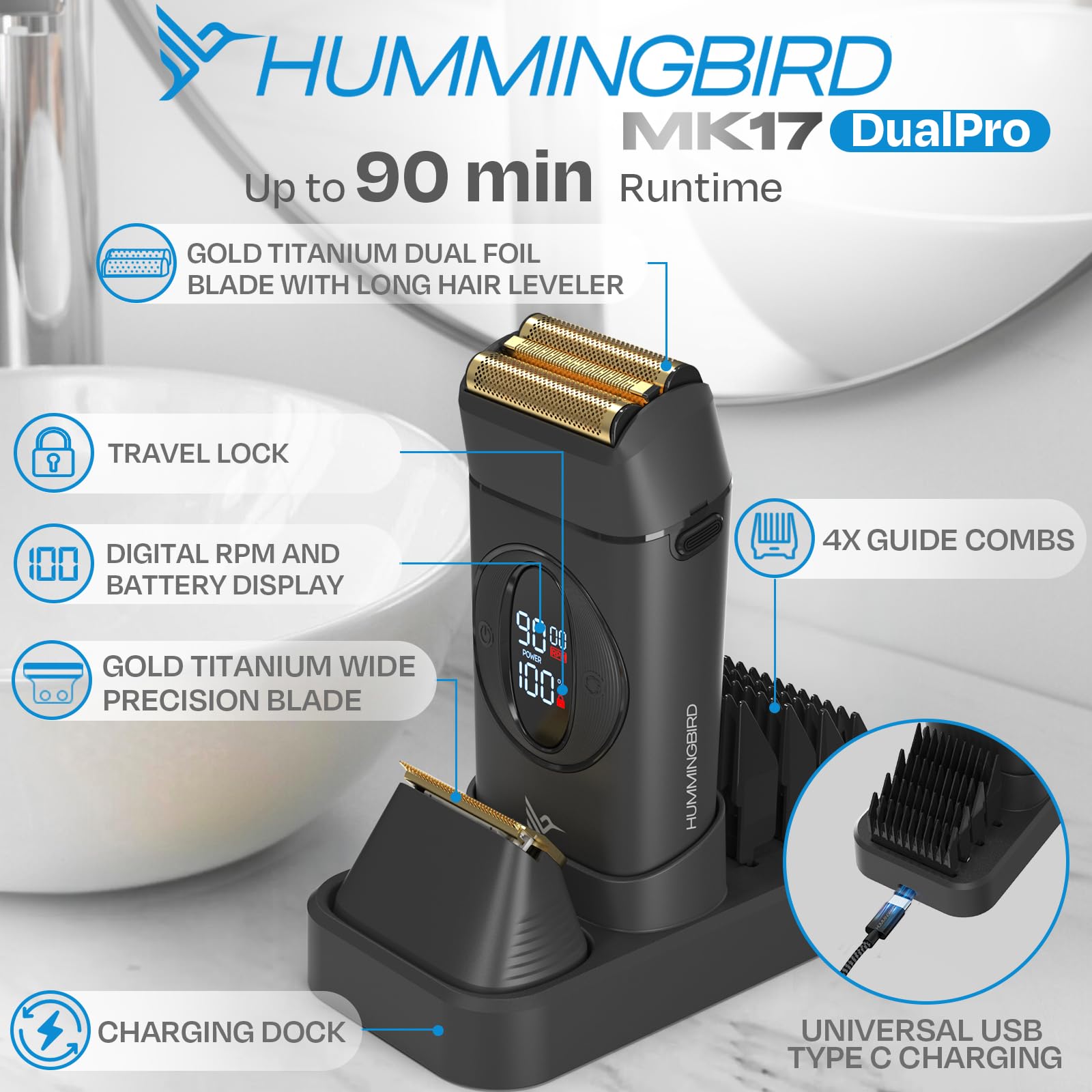 HUMMINGBIRD MK17 gold titanium blade closeup emphasizes premium blades.