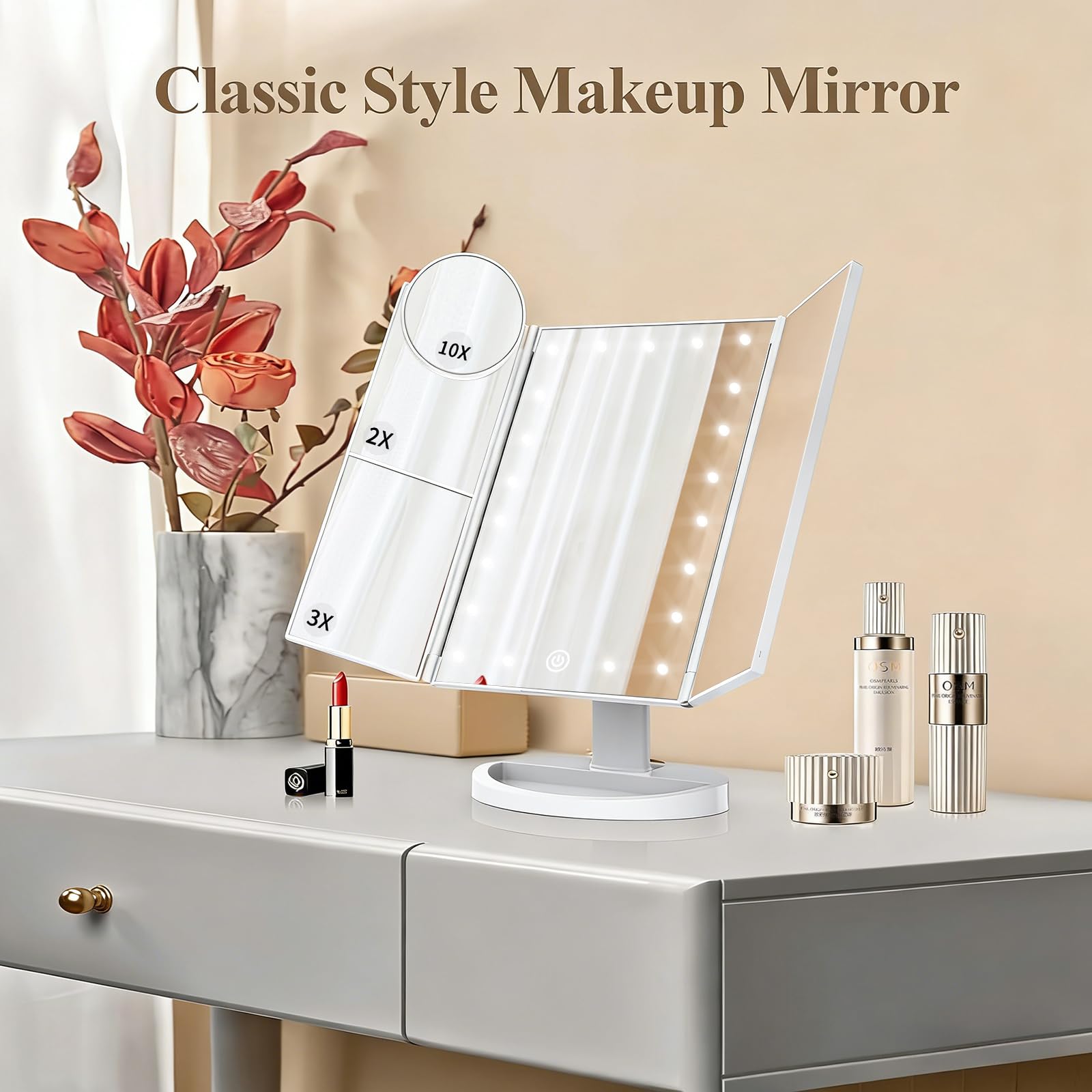 HUONUL makeup mirror dual power supports plug-in and battery use for travel.