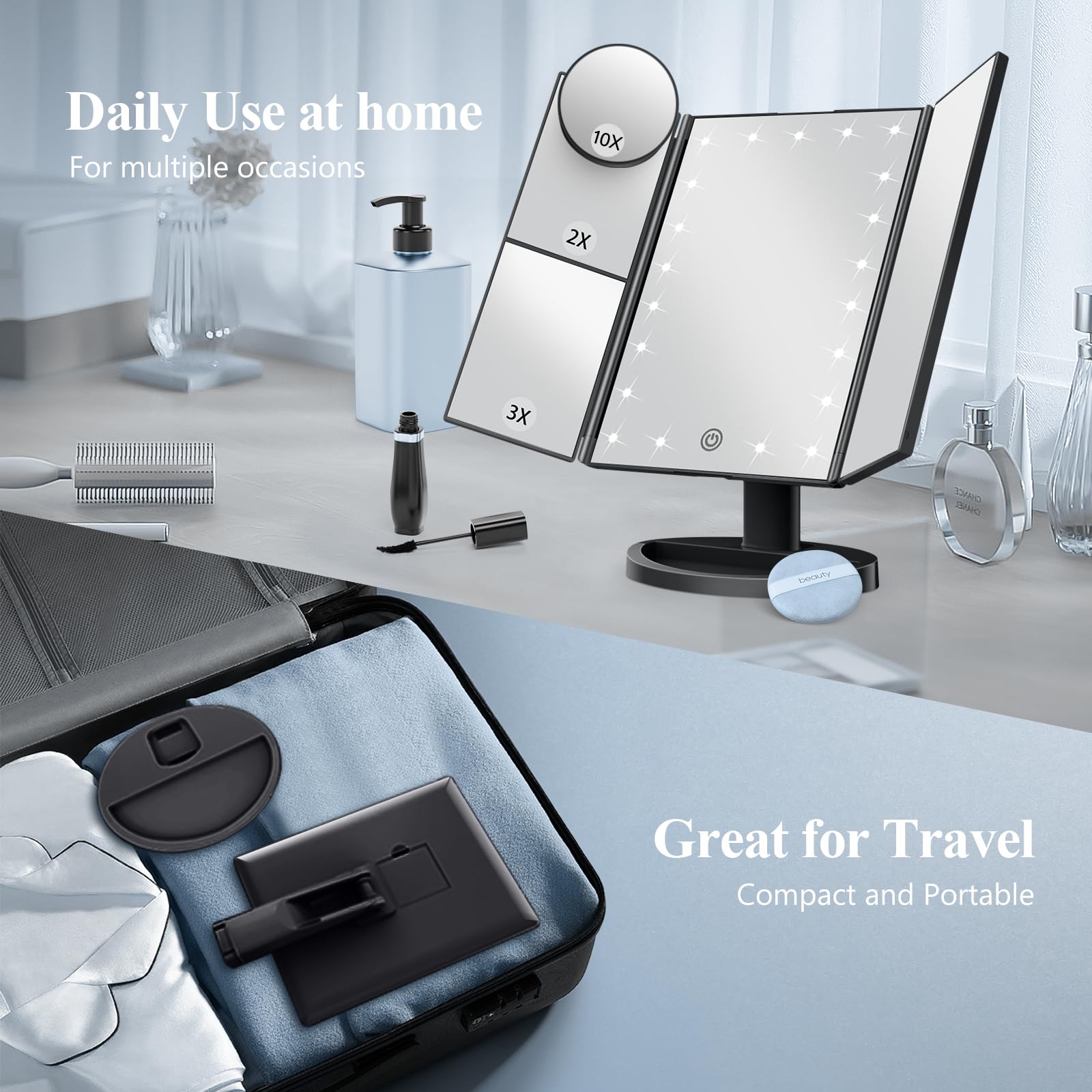 Dual power HUONUL mirror offers plug-in or battery operation for travel