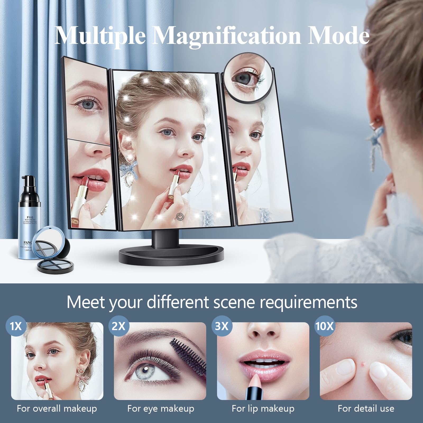 HUONUL trifold vanity mirror with compact design for easy dresser storage