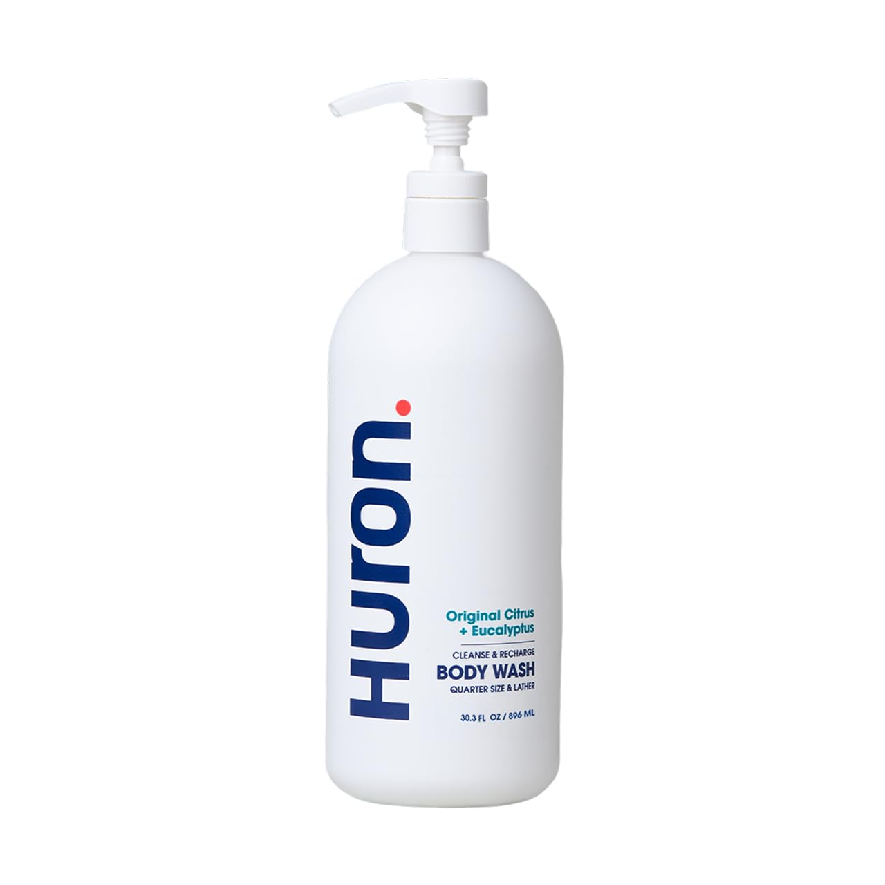 Huron Men’s Body Wash bottle shows citrus-eucalyptus scent for a refreshing cleanse.
