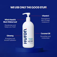 Huron Men’s Body Wash bottle highlights coconut oil for skin-nourishing hydration.