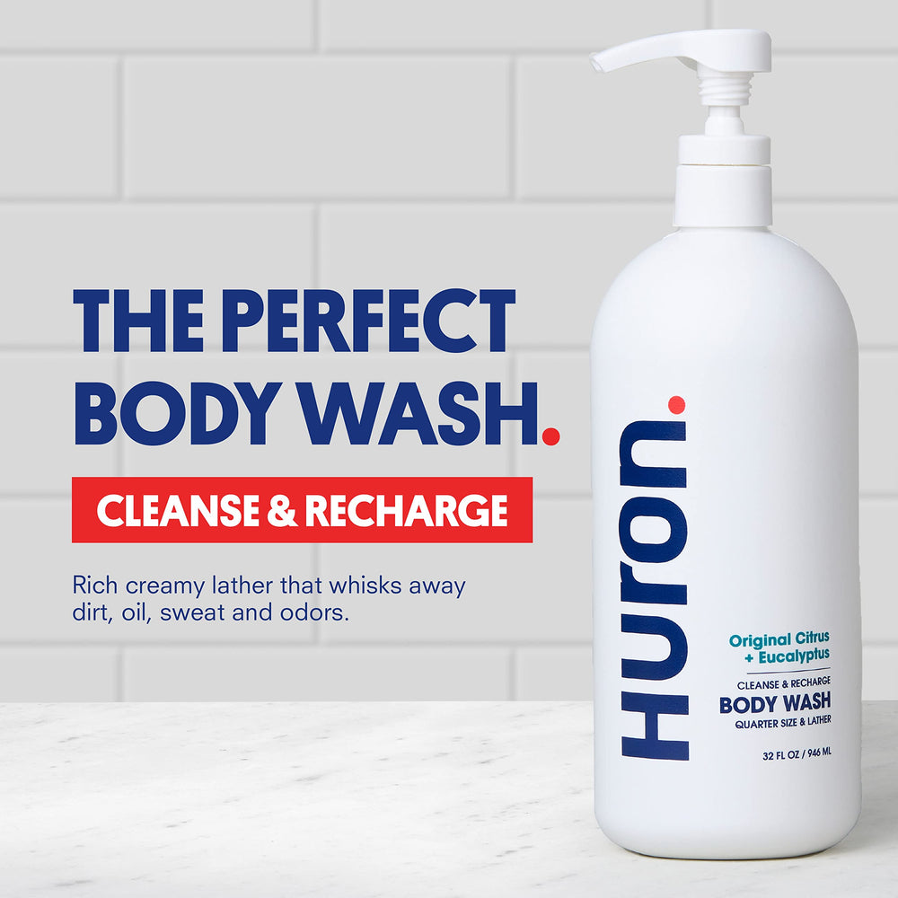 Huron Men’s Body Wash lather close-up demonstrates rich foam for a deep clean.