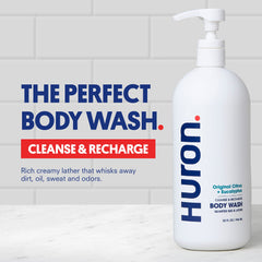 Huron Men’s Body Wash lather close-up demonstrates rich foam for a deep clean.