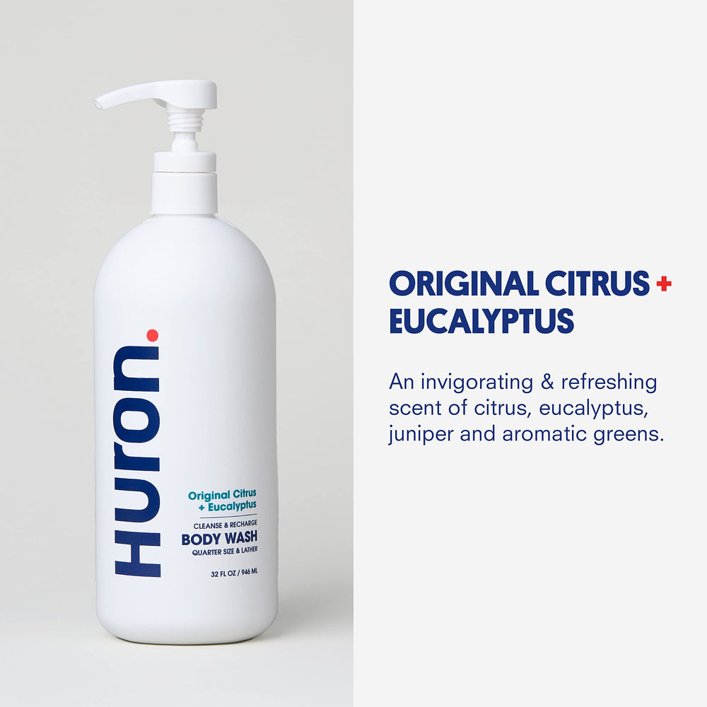 Huron Men’s Body Wash Vitamin E badge signals daily moisturizing support.