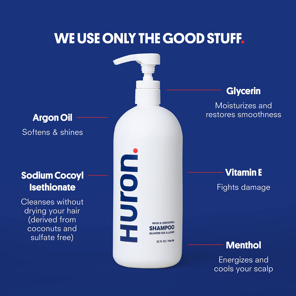 Huron Men’s Fresh Scent Daily Shampoo bottle showing menthol notes for a cooling refresh.