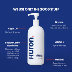 Huron Men’s Fresh Scent Daily Shampoo bottle showing menthol notes for a cooling refresh.