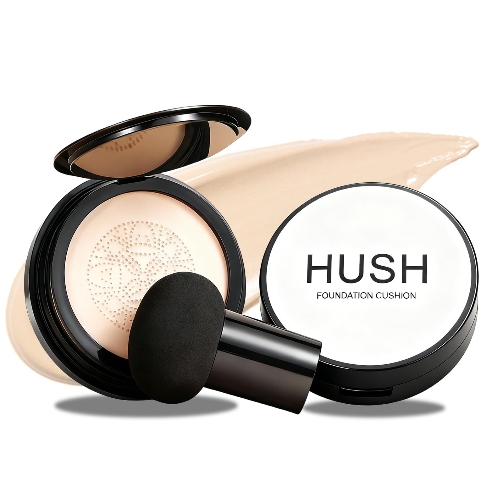 Hush Makeup Foundation mushroom puff application for smooth, even coverage on mature skin.