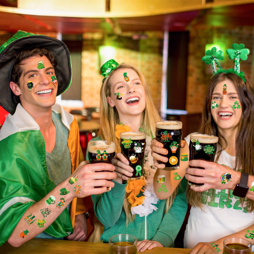 Huskein tattoos enhance party decor with Irish charm.