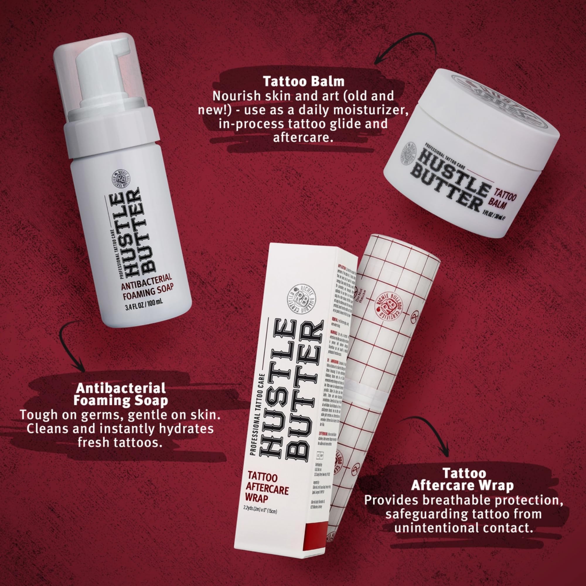 Hustle Bubbles Antibacterial Foaming Soap bottle cleanses skin around new ink.