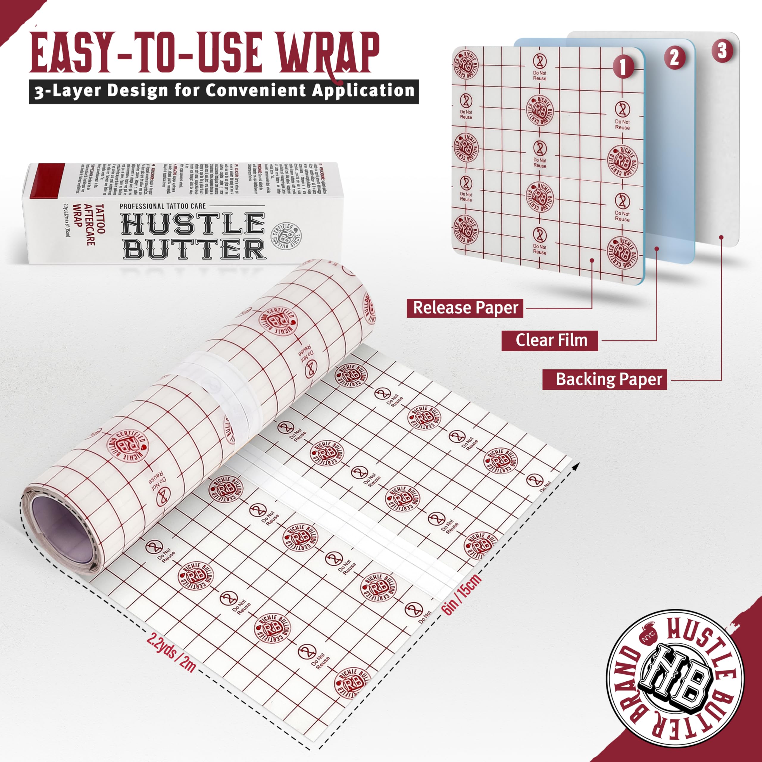 Envoltura Hustle Butter Deluxe transparente, adhesivo seguro y cómodo para tatuajes recientes.