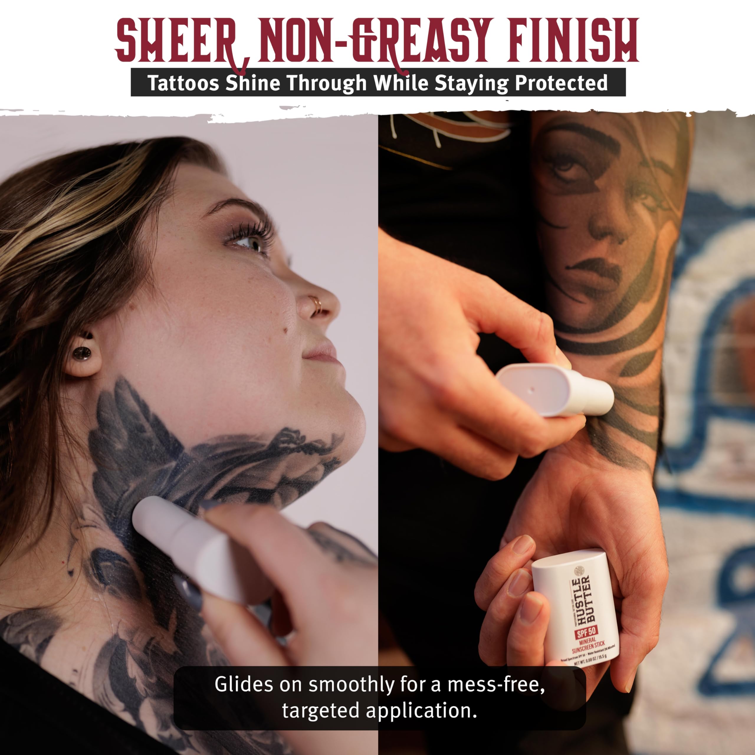 Hustle Butter Deluxe protección mineral para tatuajes sin nano zinc y color estable.