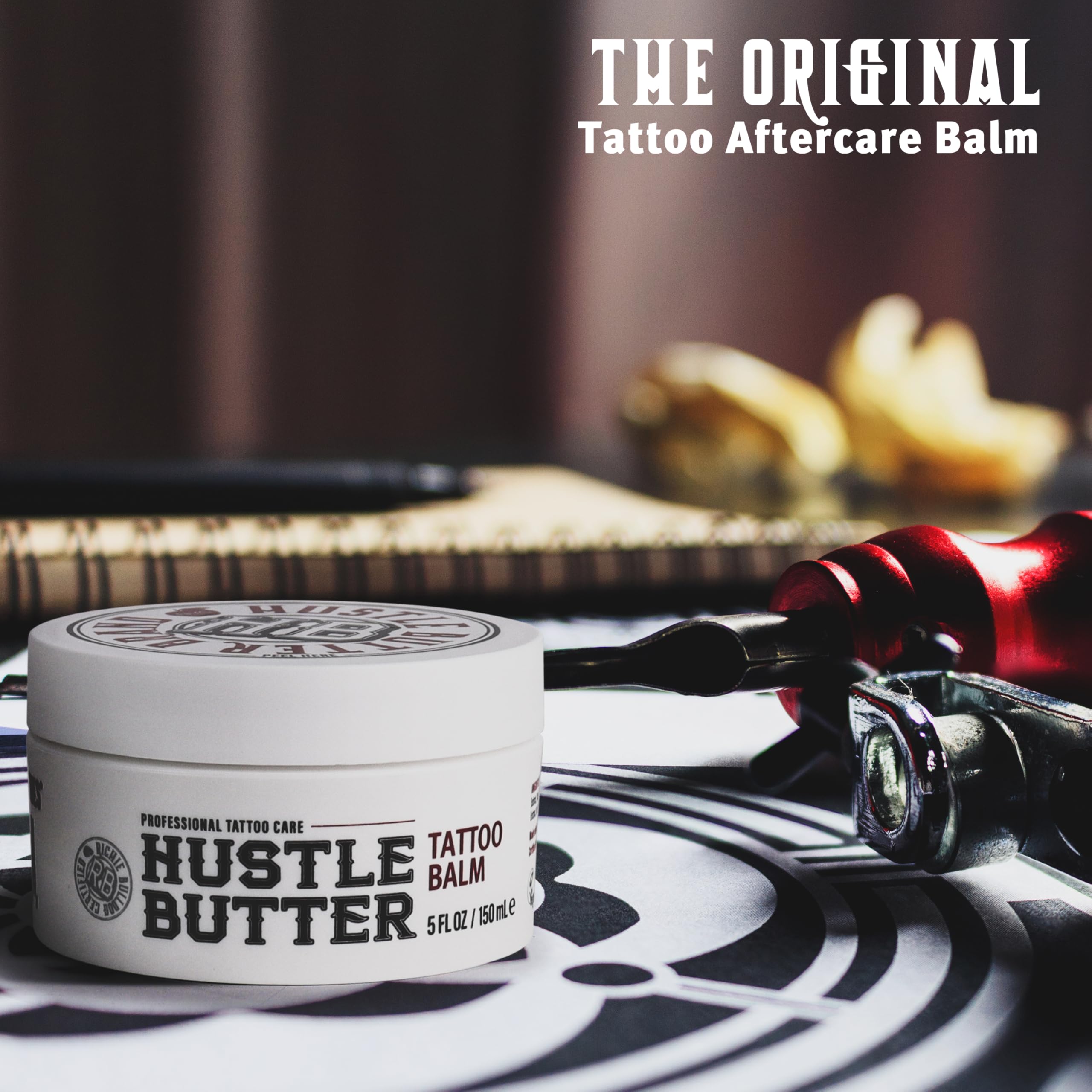 Hustle Butter Deluxe tattoo aftercare packaging highlights cruelty-free vegan formula