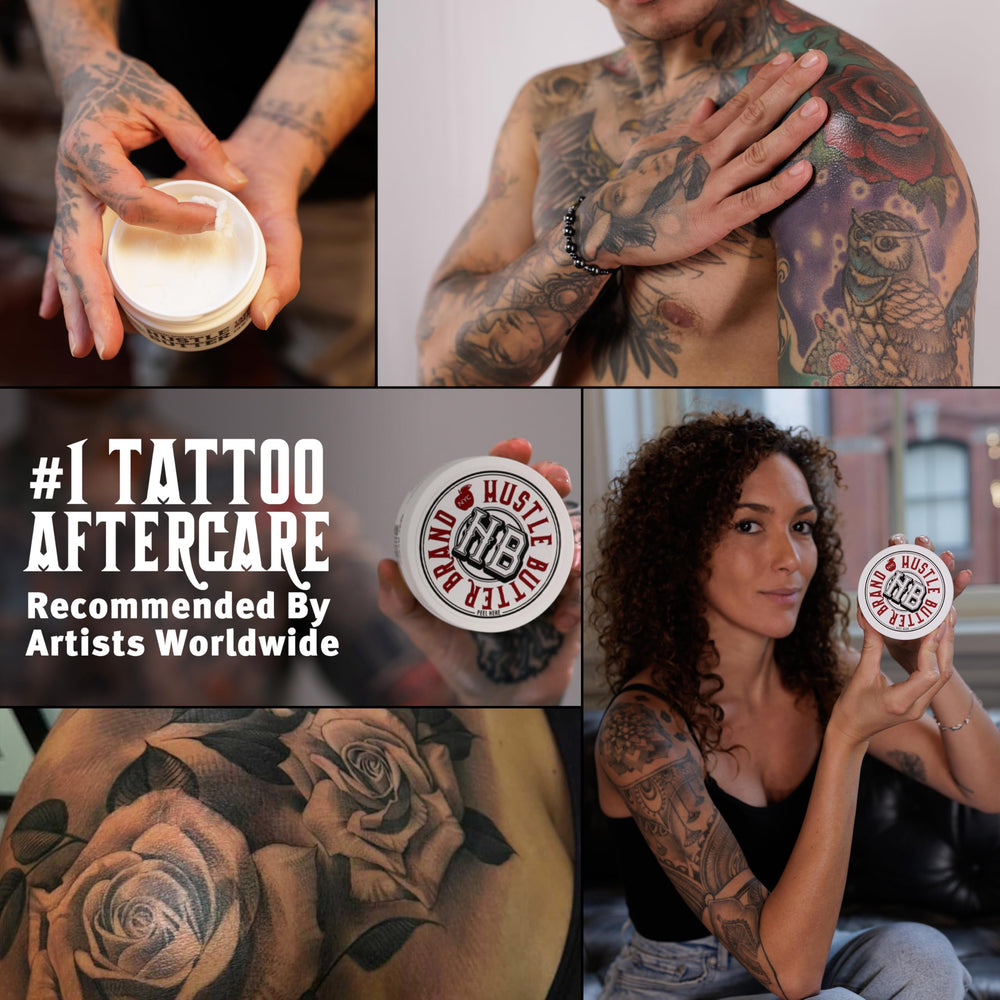 Hustle Butter Deluxe tattoo artist recommendation image emphasizing professional aftercare