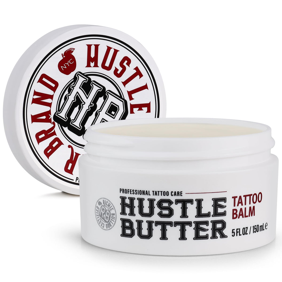 Hustle Butter Deluxe tattoo balm 5oz jar closeup, soothing vegan formula for new tattoos