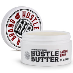Hustle Butter Deluxe tattoo balm 5oz jar closeup, soothing vegan formula for new tattoos
