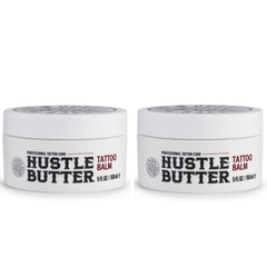 Hustle Butter Deluxe tattoo balm bottle closeup for smooth pre-ink prep.