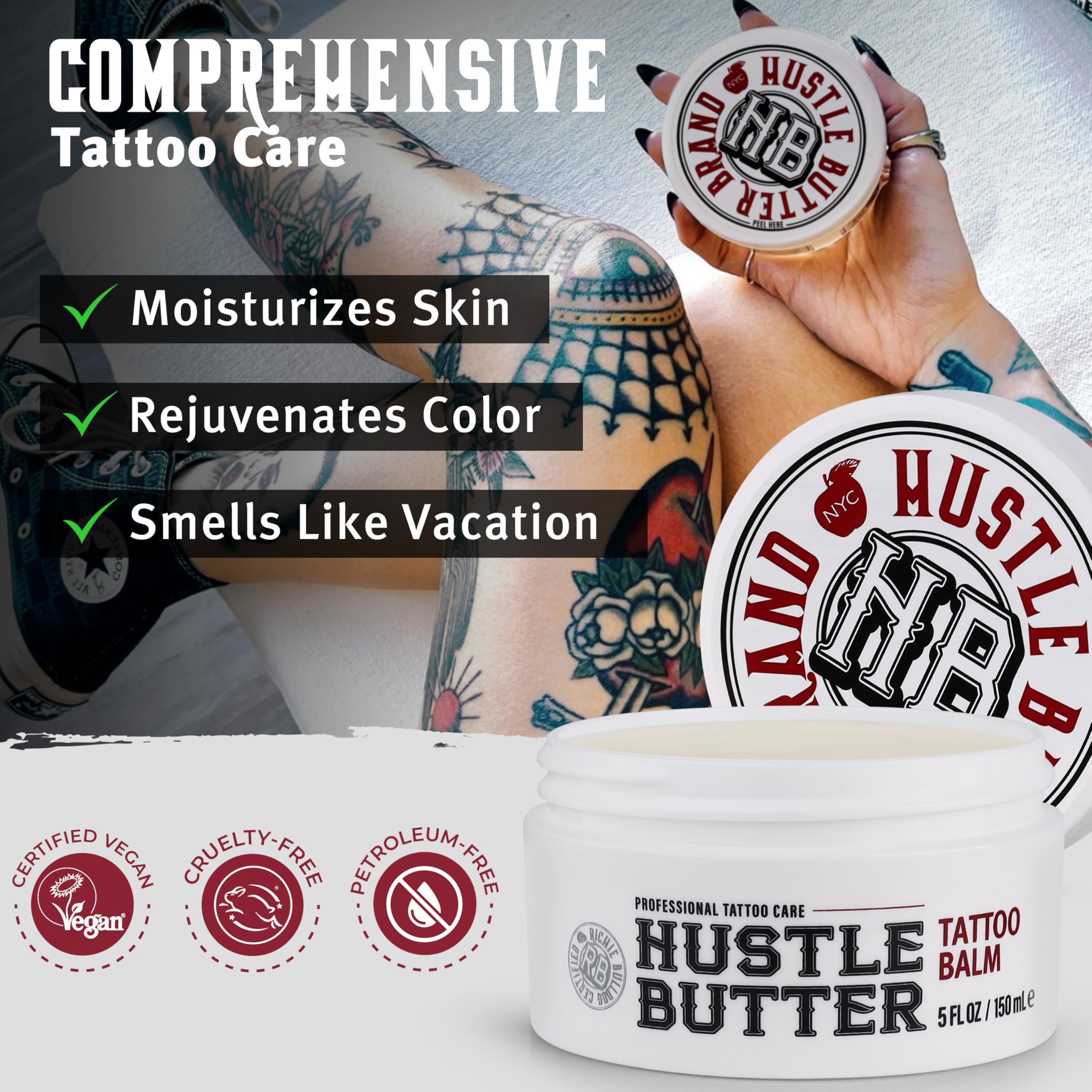 Hustle Butter Deluxe tattoo balm on skin application shows gentle, hydrating touch