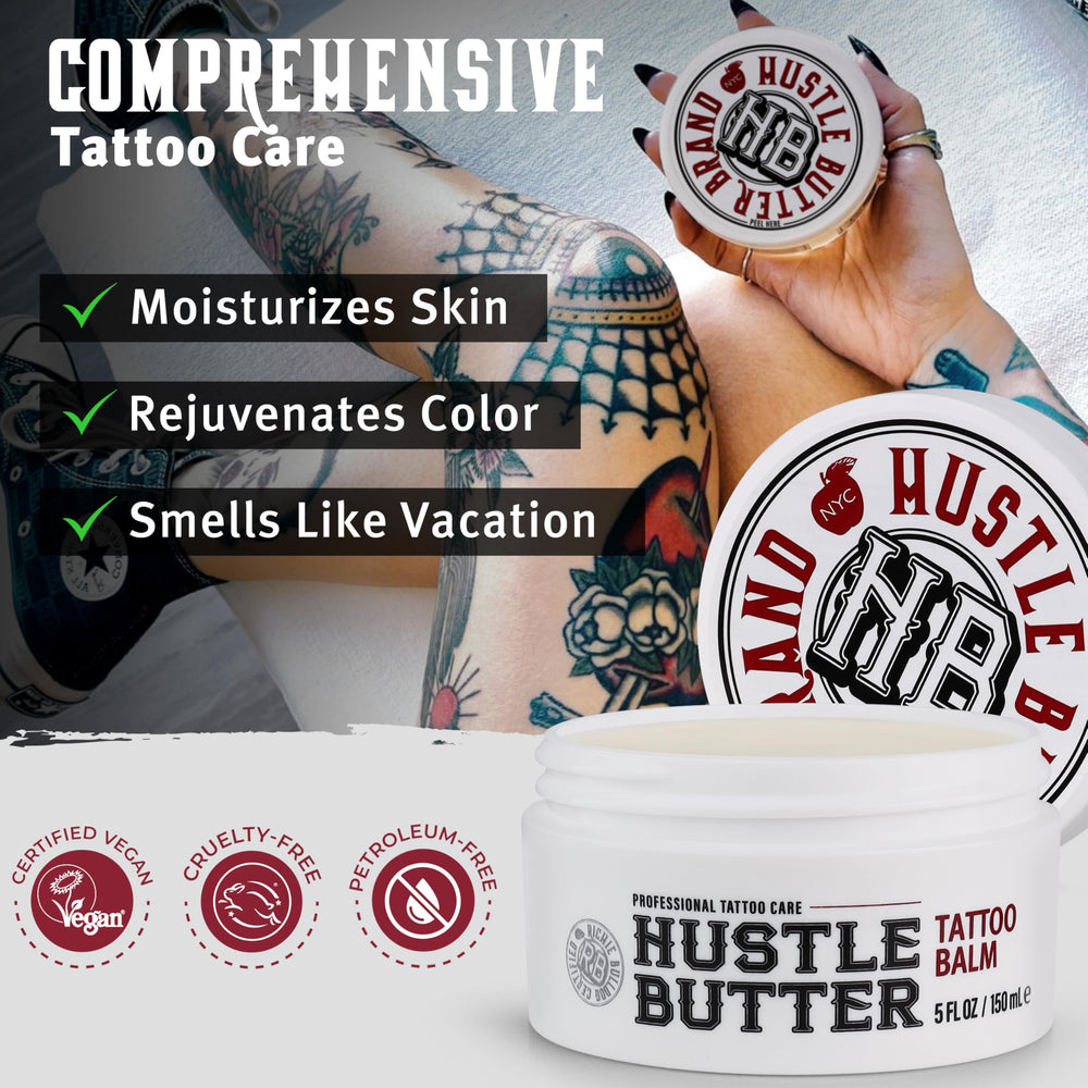 Hustle Butter Deluxe tattoo balm on skin application shows gentle, hydrating touch