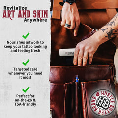 Hustle Butter Deluxe tattoo balm stick in action for smooth healing.