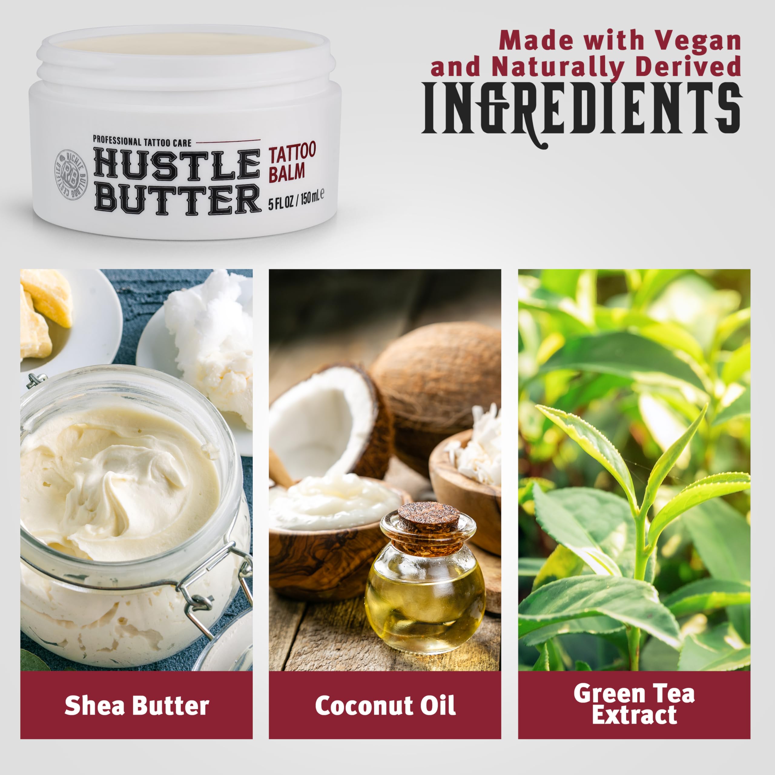 Hustle Butter Deluxe tattoo care ingredients with shea, coconut, mango seed butter and green tea