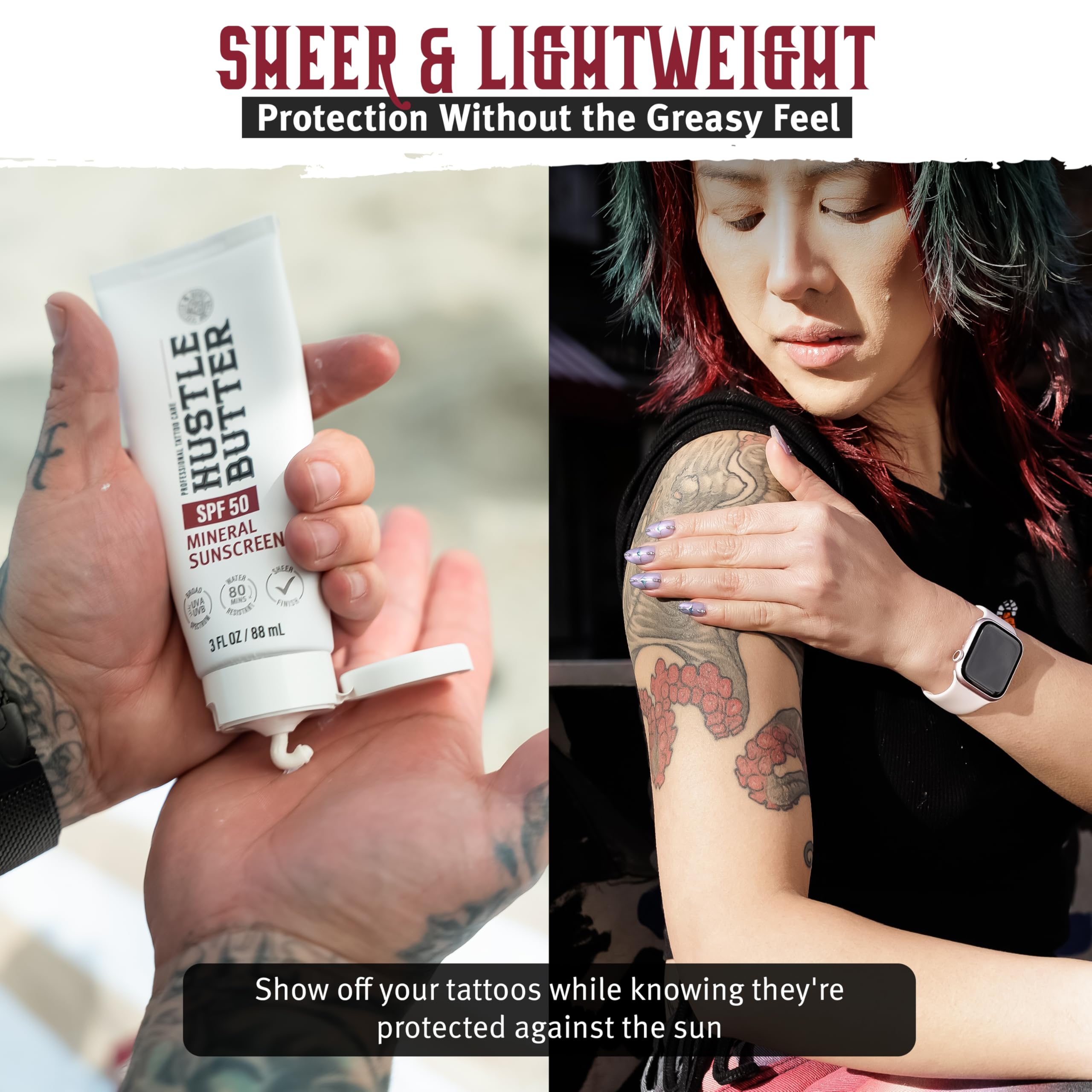 Hustle Butter Deluxe sunscreen application closeup demonstrates quick absorption