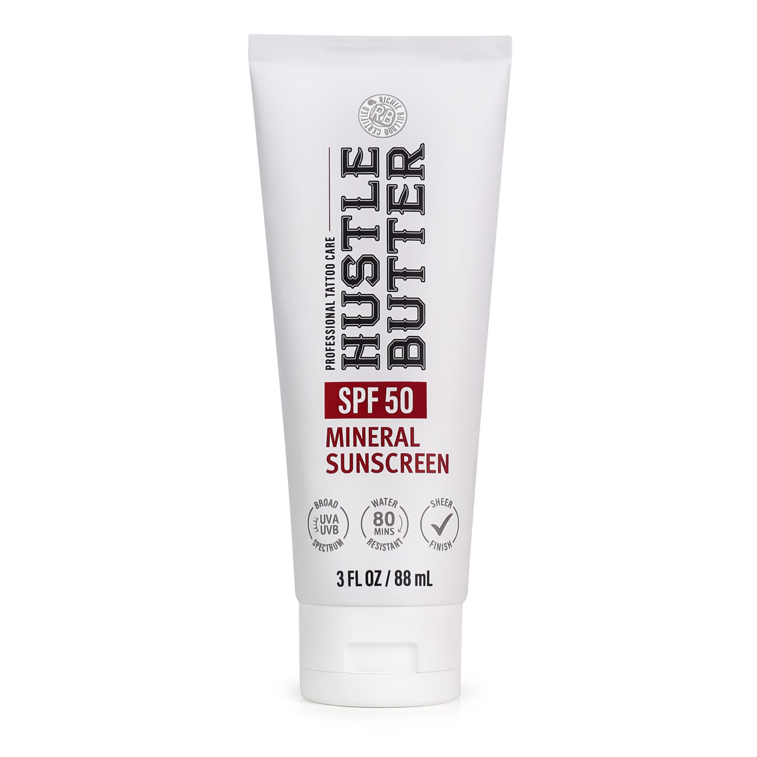 Hustle Butter Deluxe Tattoo Sunscreen bottle pump protects tattoos from UV exposure