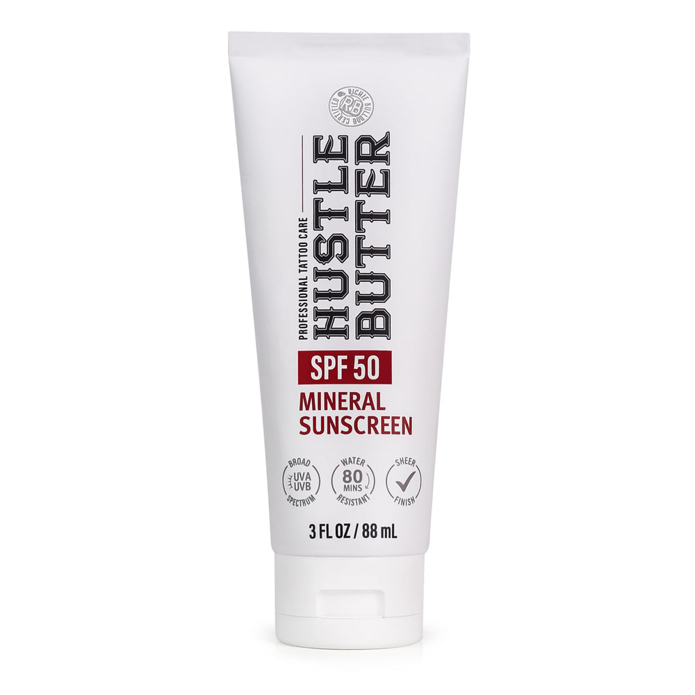 Hustle Butter Deluxe Tattoo Sunscreen bottle pump protects tattoos from UV exposure