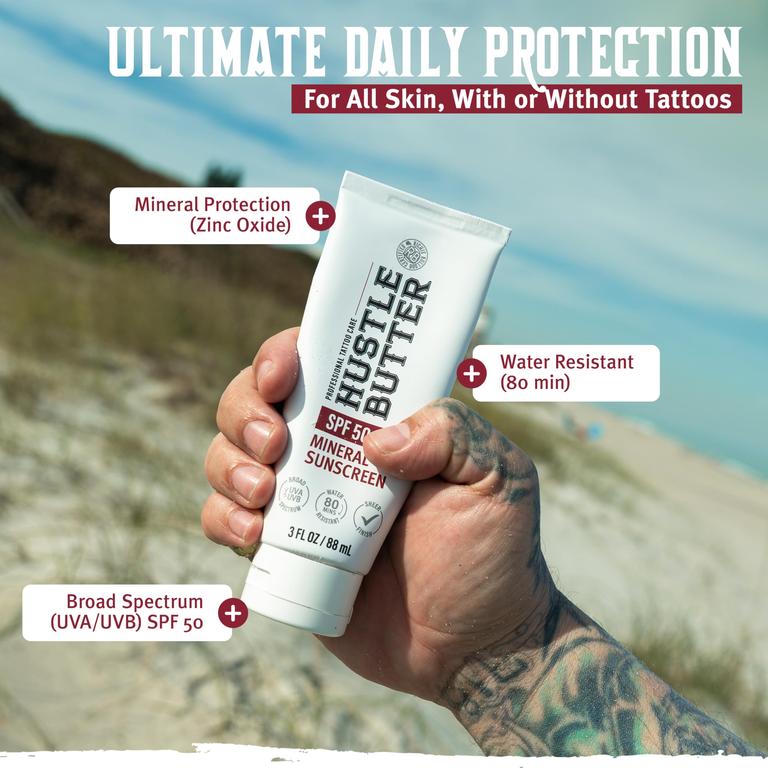 Hustle Butter Deluxe sunscreen lotion tube shows travel-friendly packaging and easy application