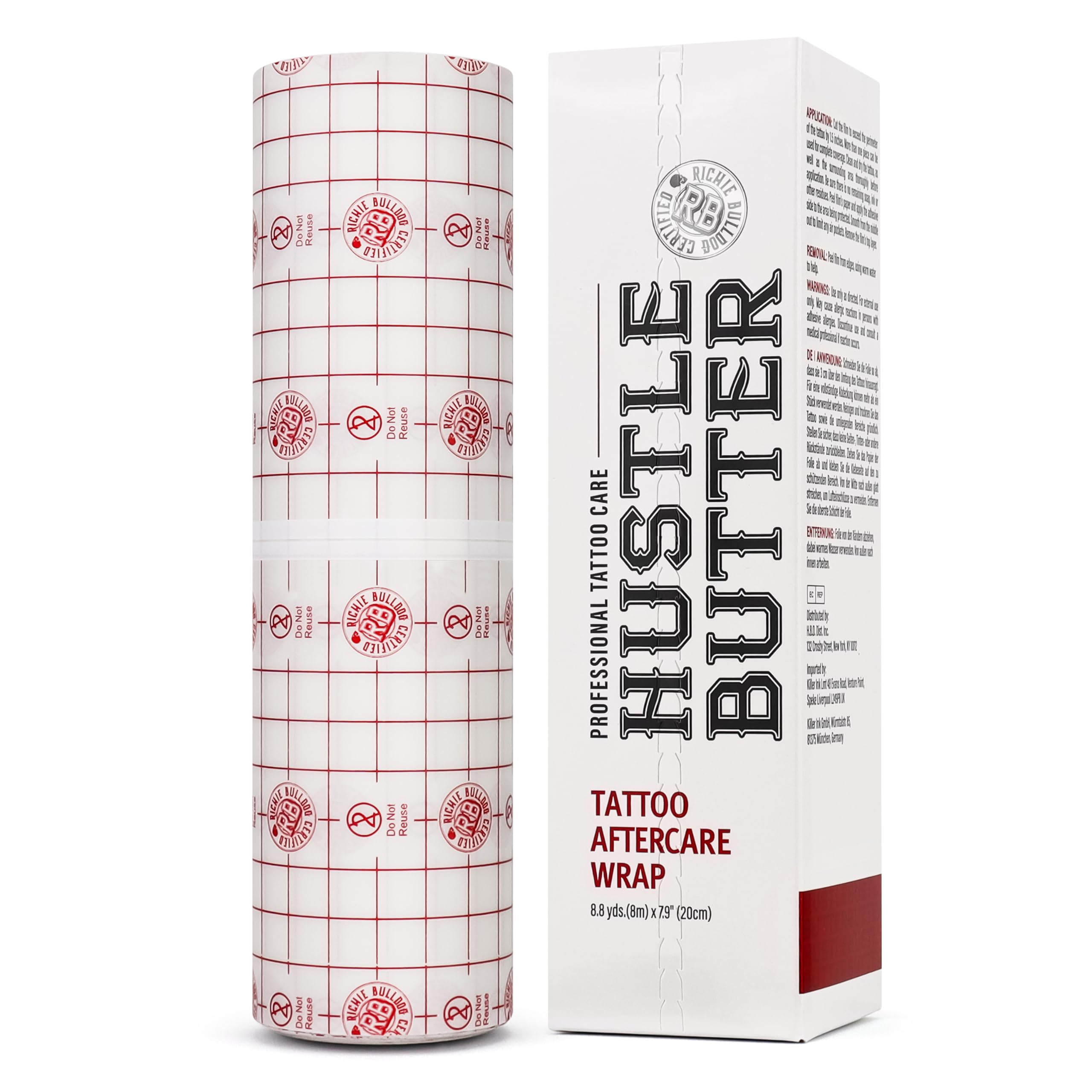 Hustle Butter Second Skin Wrap shown during wrap application on a fresh tattoo, protecting healing skin