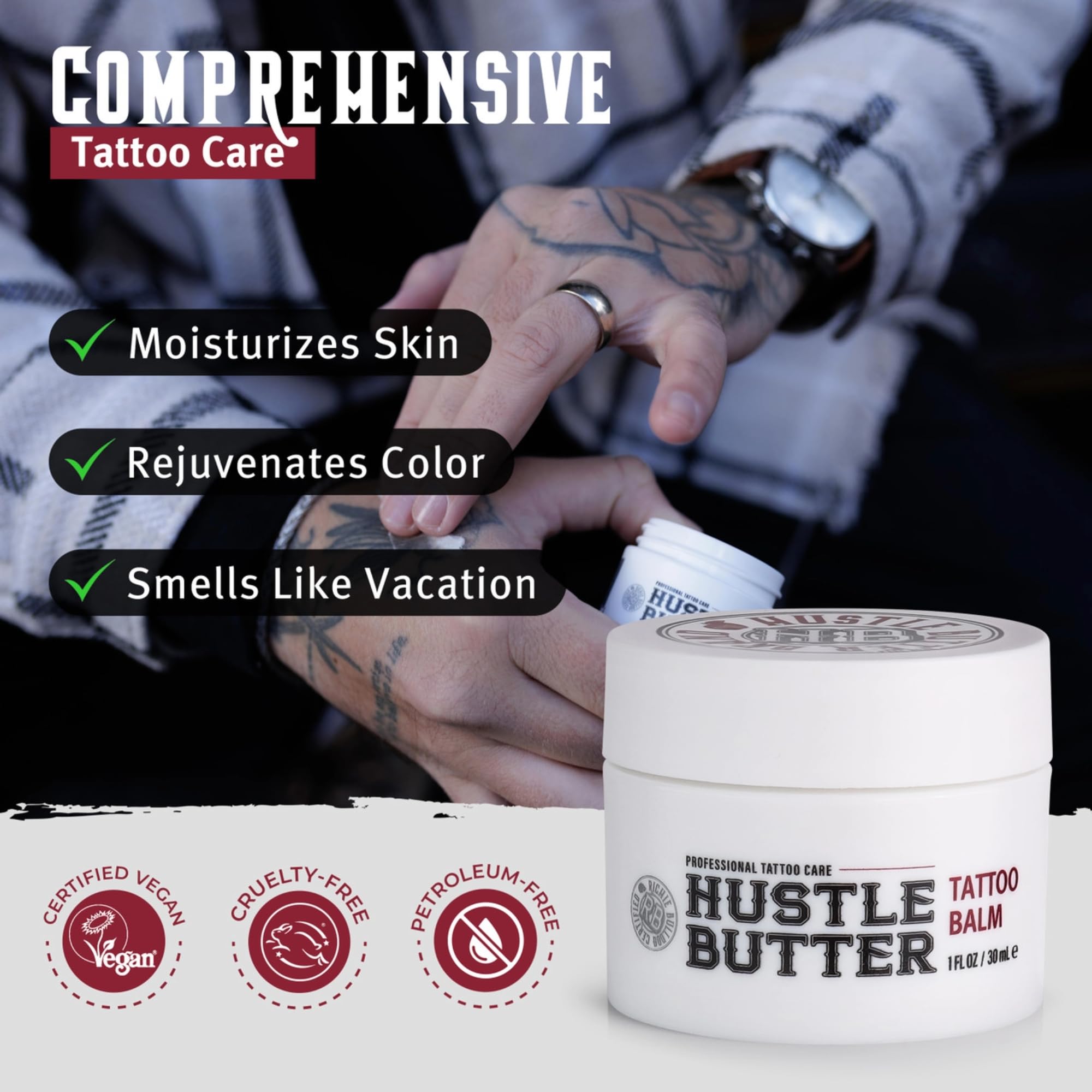 Close-up of Hustle Butter Tattoo Balm being applied to a new tattoo.
