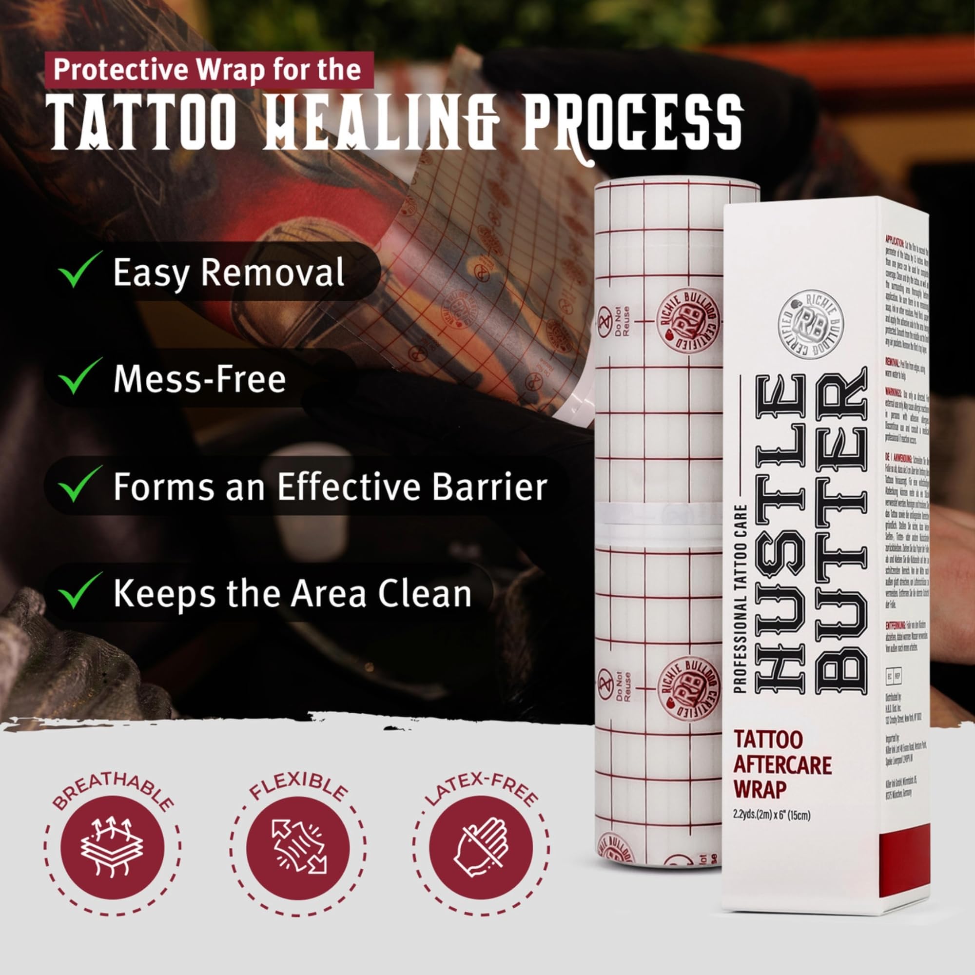 Full Hustle Butter tattoo care kit with balm, soap, and wrap.