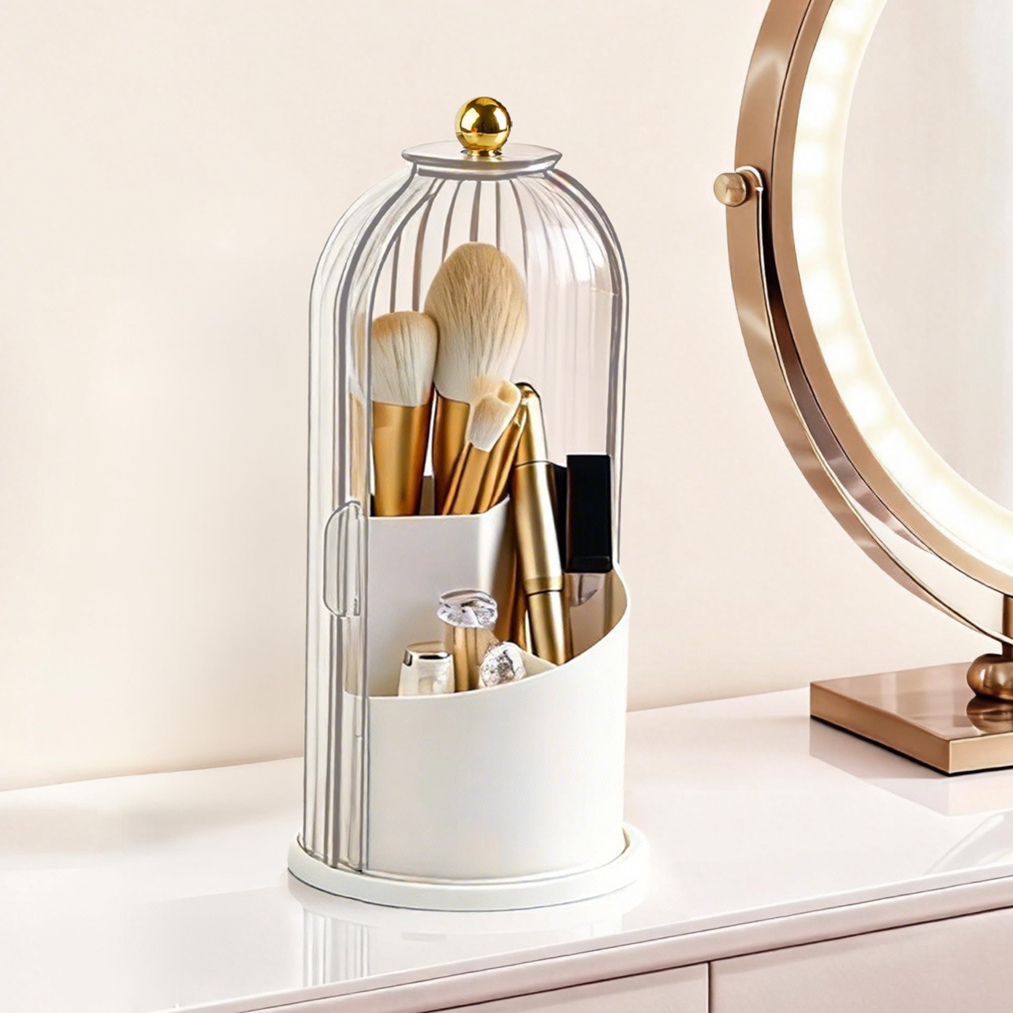 Hvygss 360° rotating makeup brush holder with lid keeps brushes clean and organized.