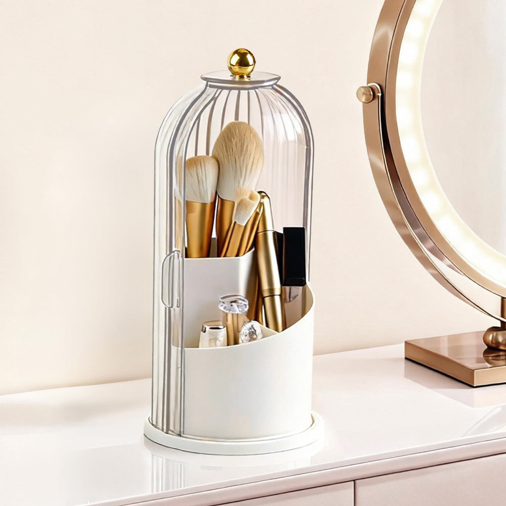 Hvygss 360° rotating makeup brush holder with lid keeps brushes clean and organized.