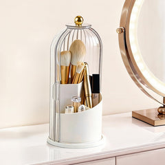 Hvygss 360° rotating makeup brush holder with lid keeps brushes clean and organized.