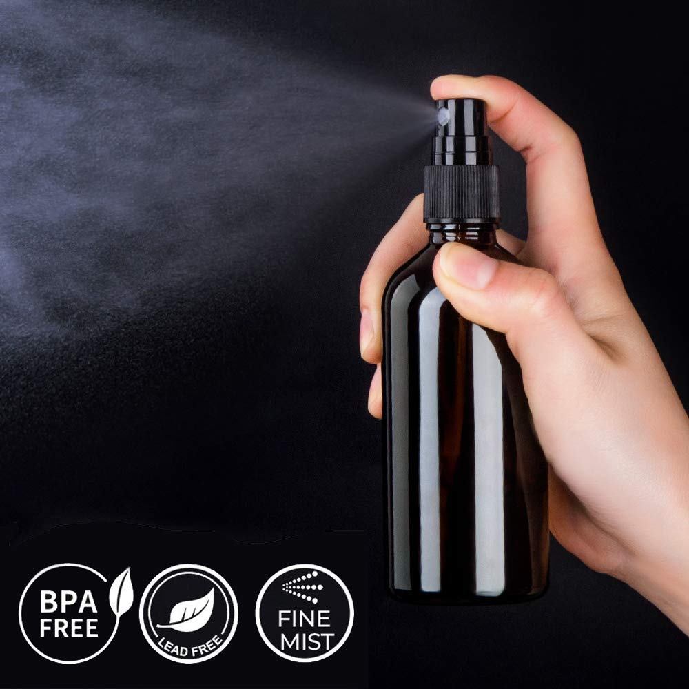 Hydior two-pack amber glass spray bottles with leak-proof design.