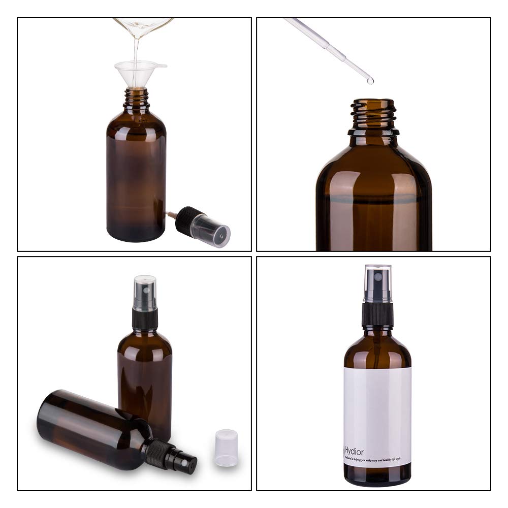 Hydior leak-proof amber glass sprayer with funnel and dropper.
