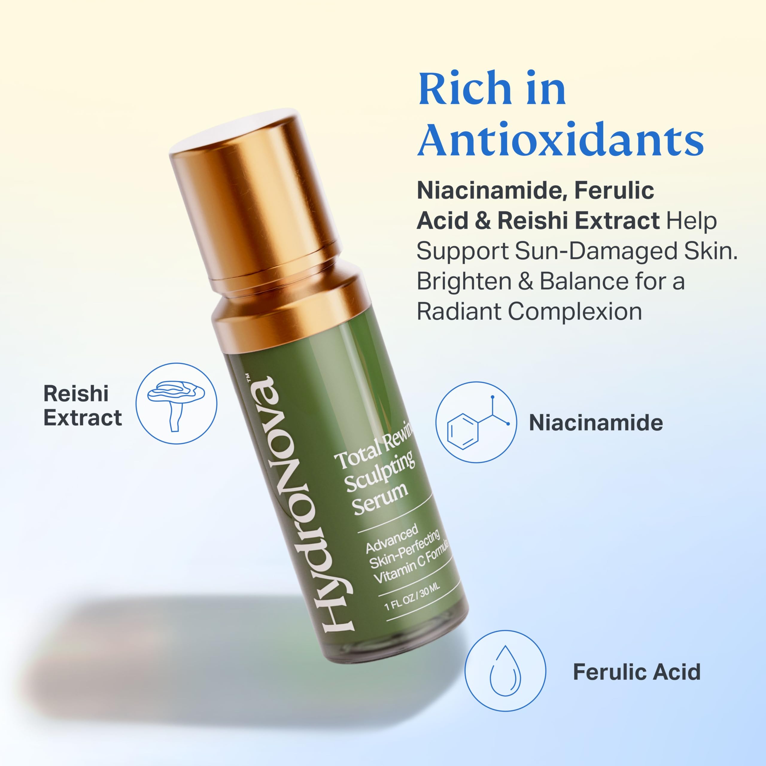 HYDRONOVA Total Rewind serum ingredients label highlights vitamin C and niacinamide.
