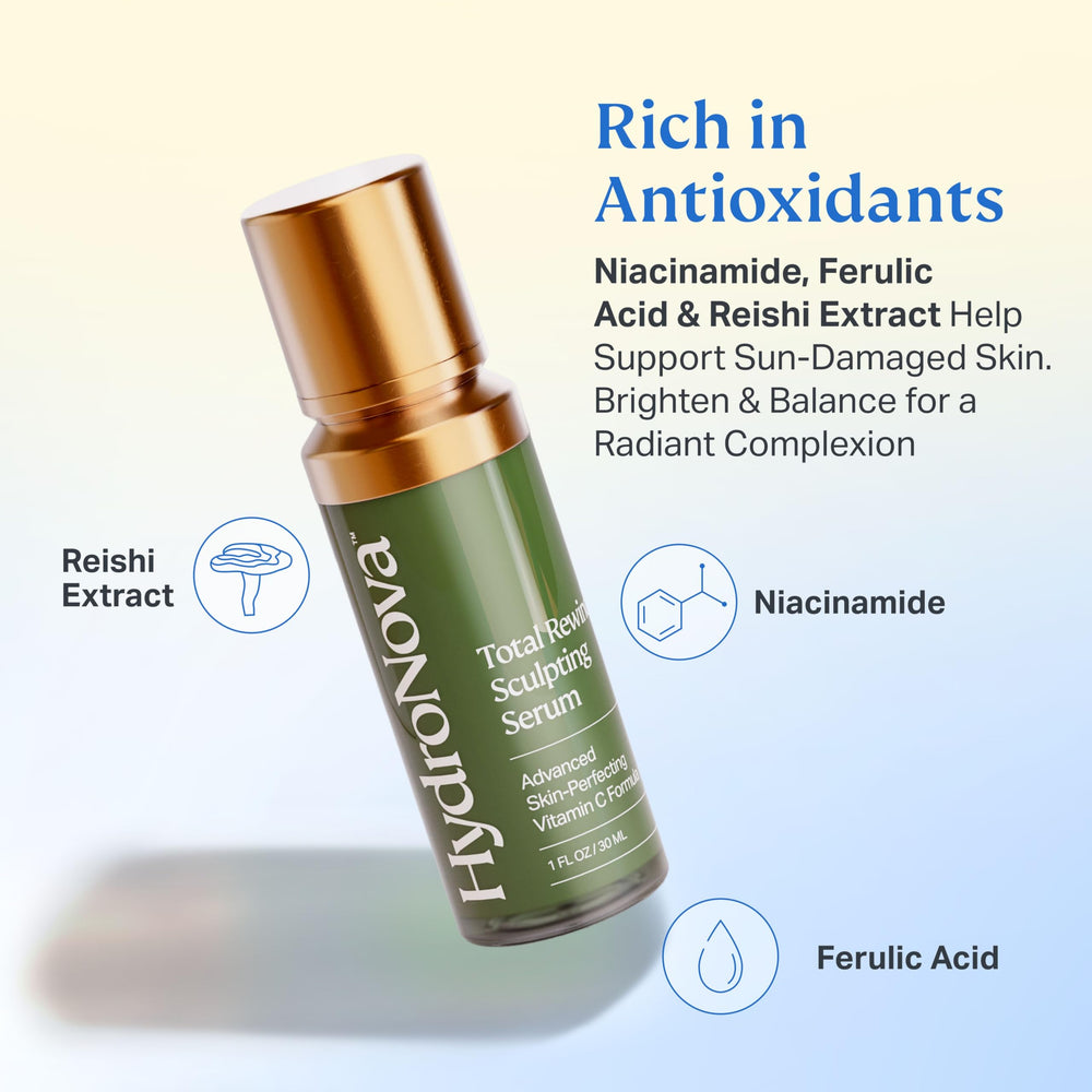 HYDRONOVA Total Rewind serum ingredients label highlights vitamin C and niacinamide.