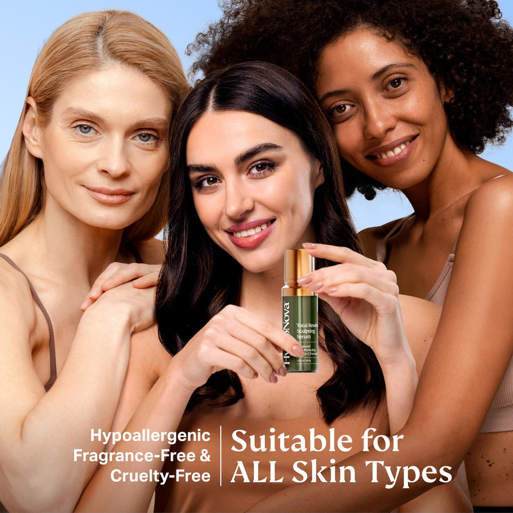 HYDRONOVA Total Rewind serum on skin showing even tone and subtle glow.