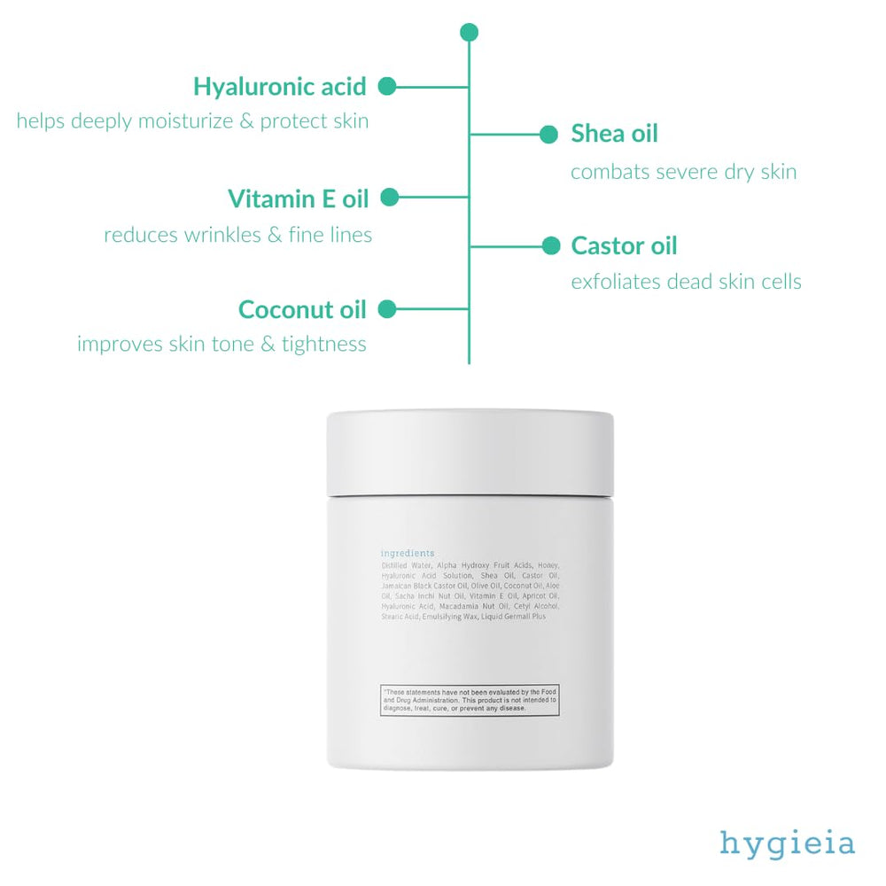 Hygieia crepey skin cream bottle with pump for easy daily application.