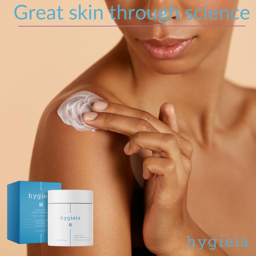 Hygieia crepey skin cream packaging on shelf indicating value and size.