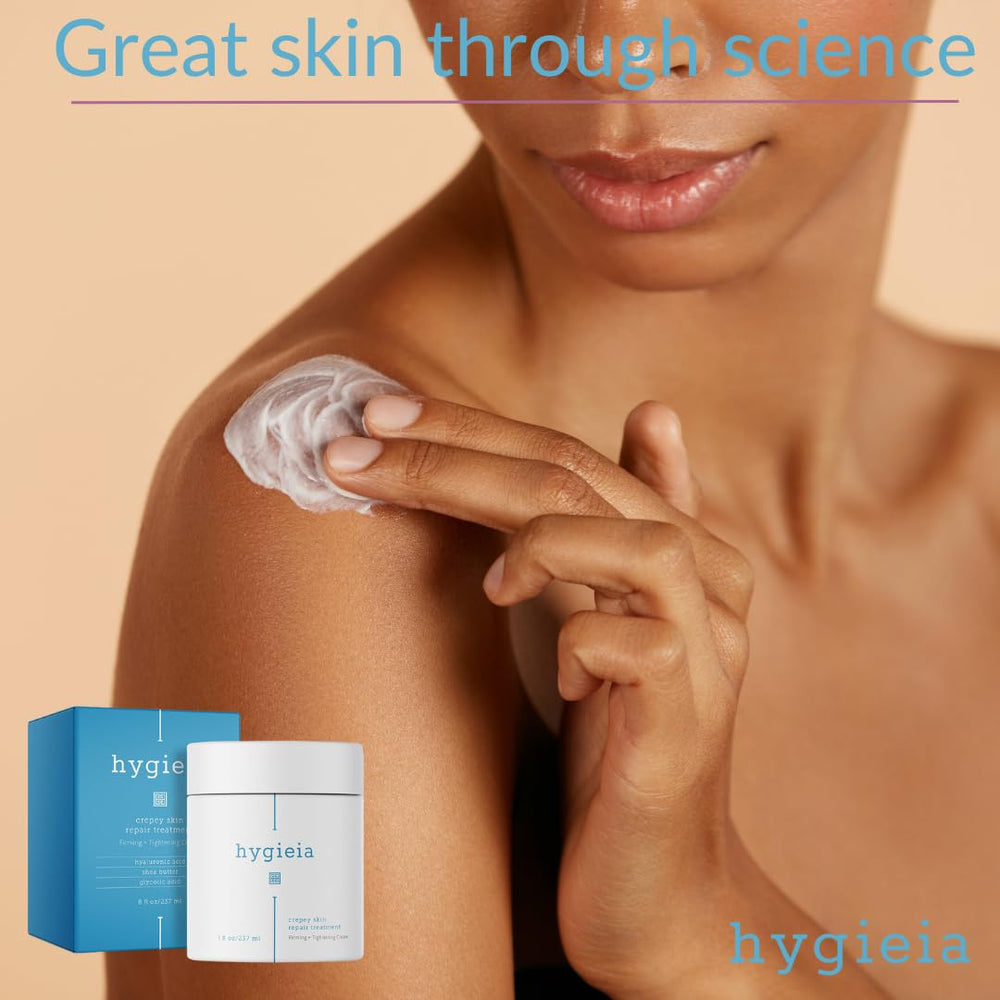 Hygieia crepey skin cream packaging on shelf indicating value and size.