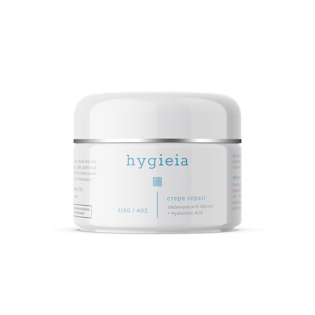 Hygieia+ crepey skin repair cream jar showing rich texture for firming hydration.