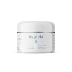 Hygieia+ crepey skin repair cream jar showing rich texture for firming hydration.