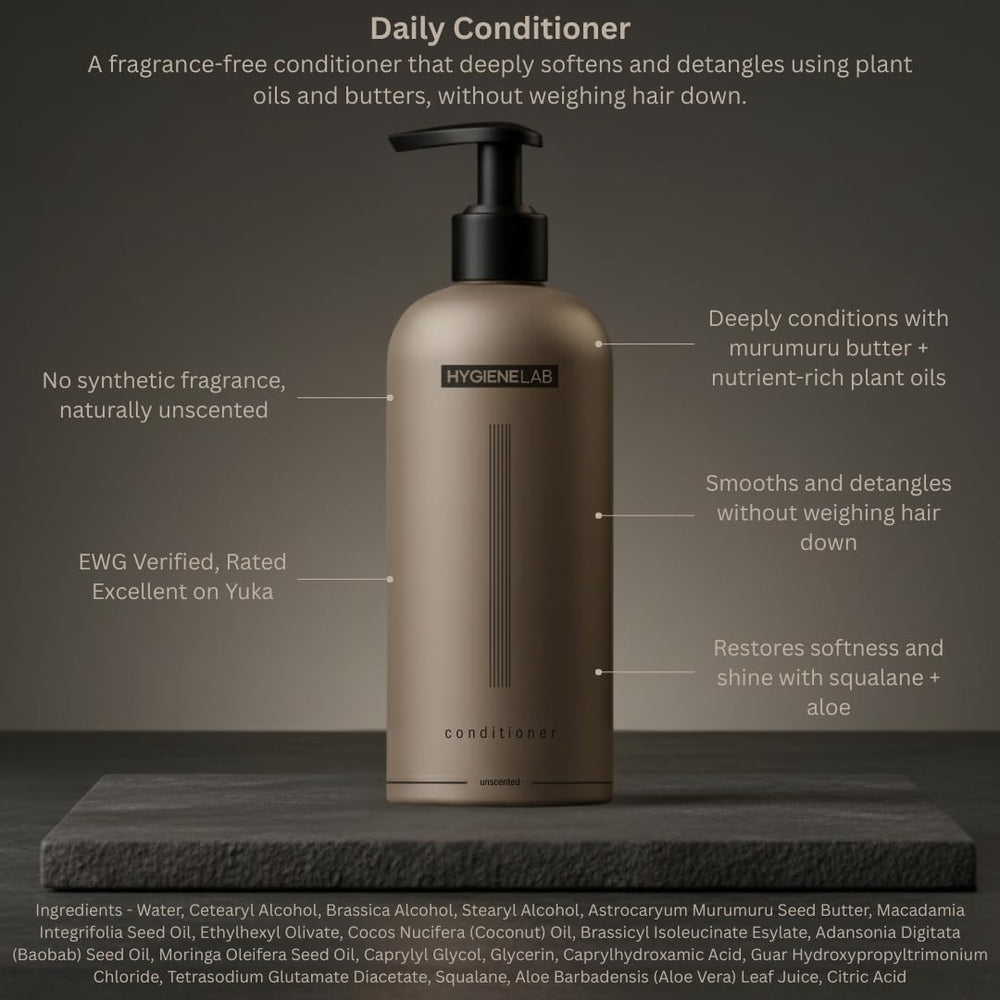 HygieneLab Conditioner on hair after use displaying soft, manageable strands