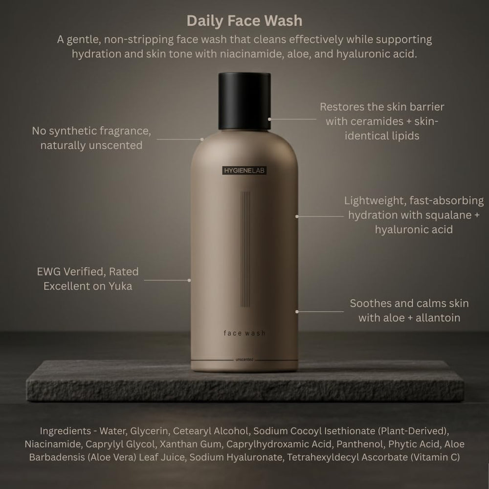 HygieneLab Face Wash close-up foam shows silky texture.