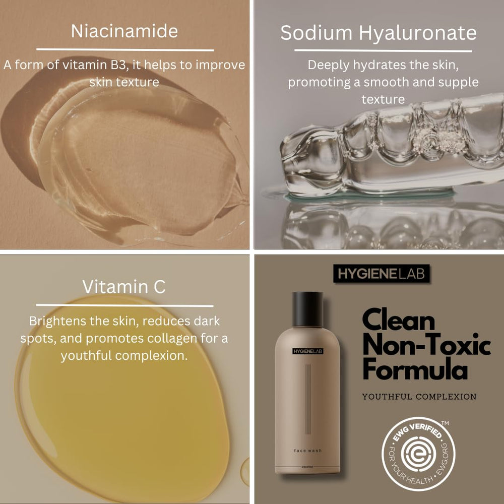HygieneLab Face Wash Niacinamide label highlights nourishing properties.
