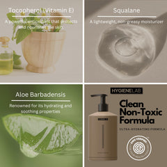 HygieneLab ingredients panel highlights aloe vera, squalane, and glycerin for lasting moisture.